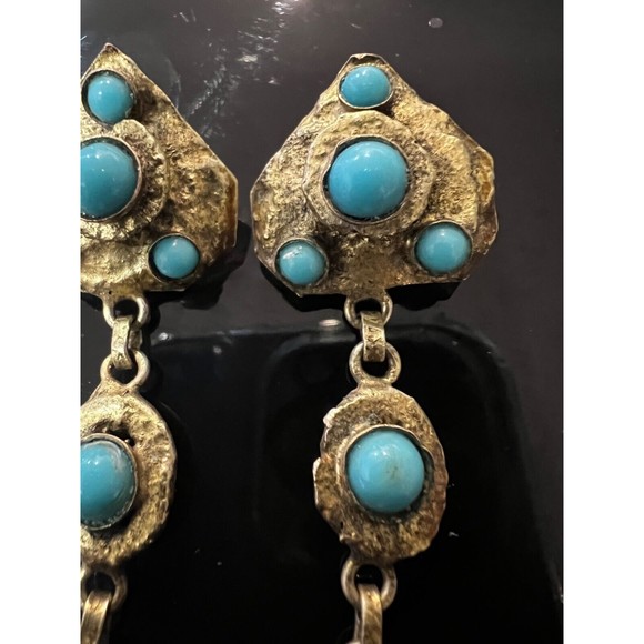Vintage Mid Century HENRY PERICHON  Earrings Faux Turquoise  Gilt Bronze Rare - Picture 14 of 16
